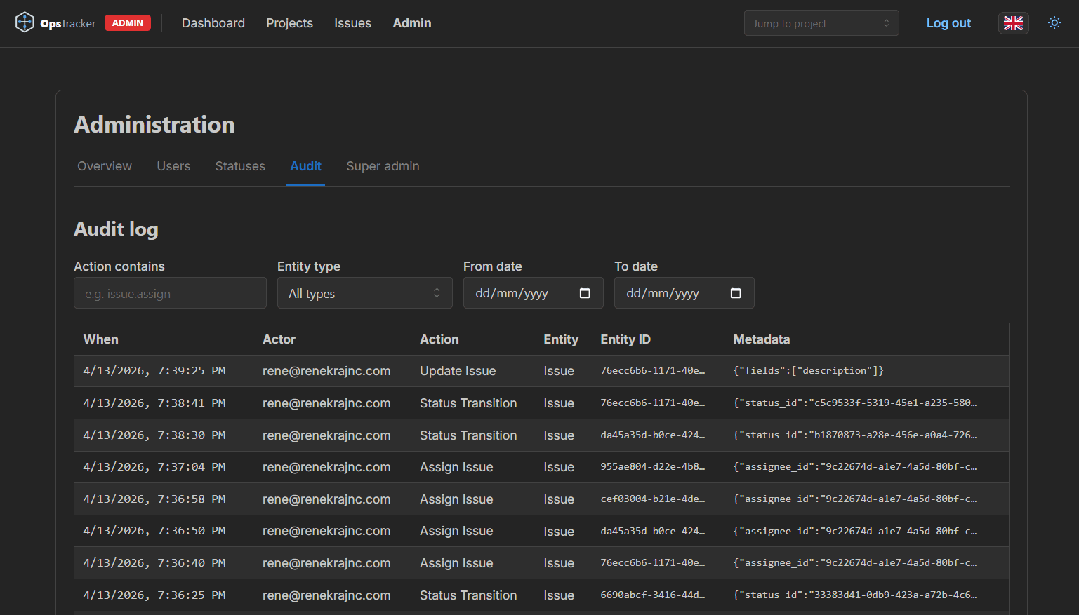 Ops Tracker admin panel with role management