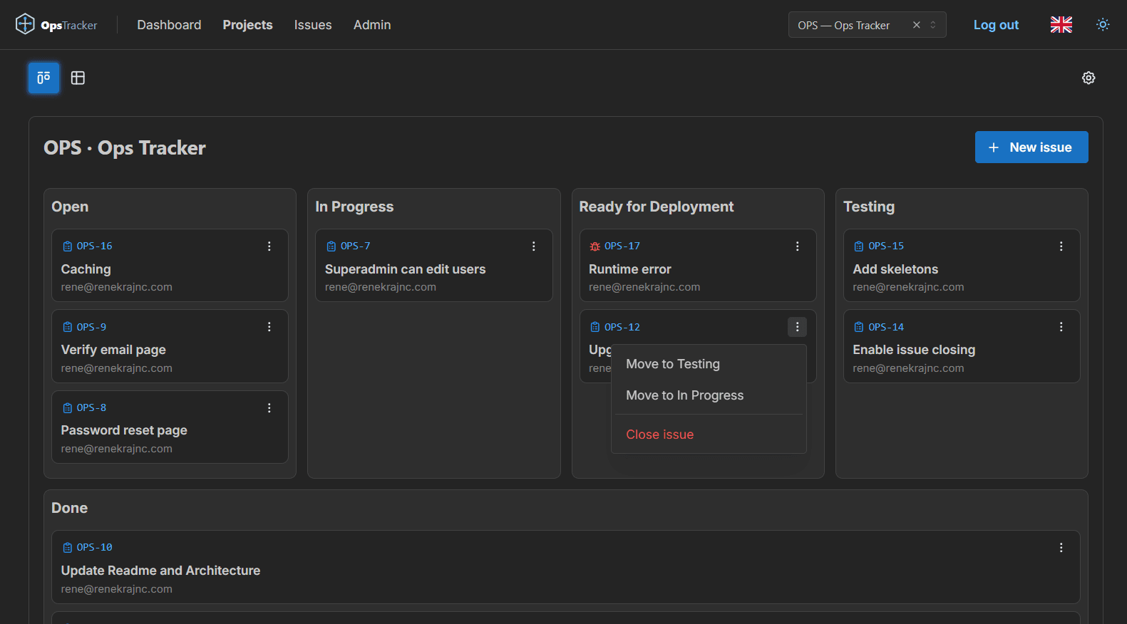 Ops Tracker drag-and-drop Kanban board