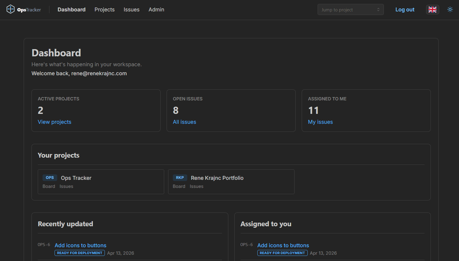 Ops Tracker main dashboard overview with project stats
