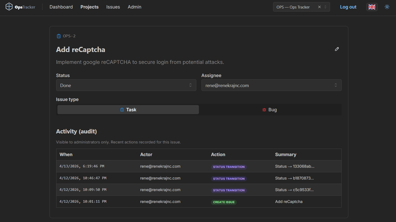 Ops Tracker issue detail page with audit log